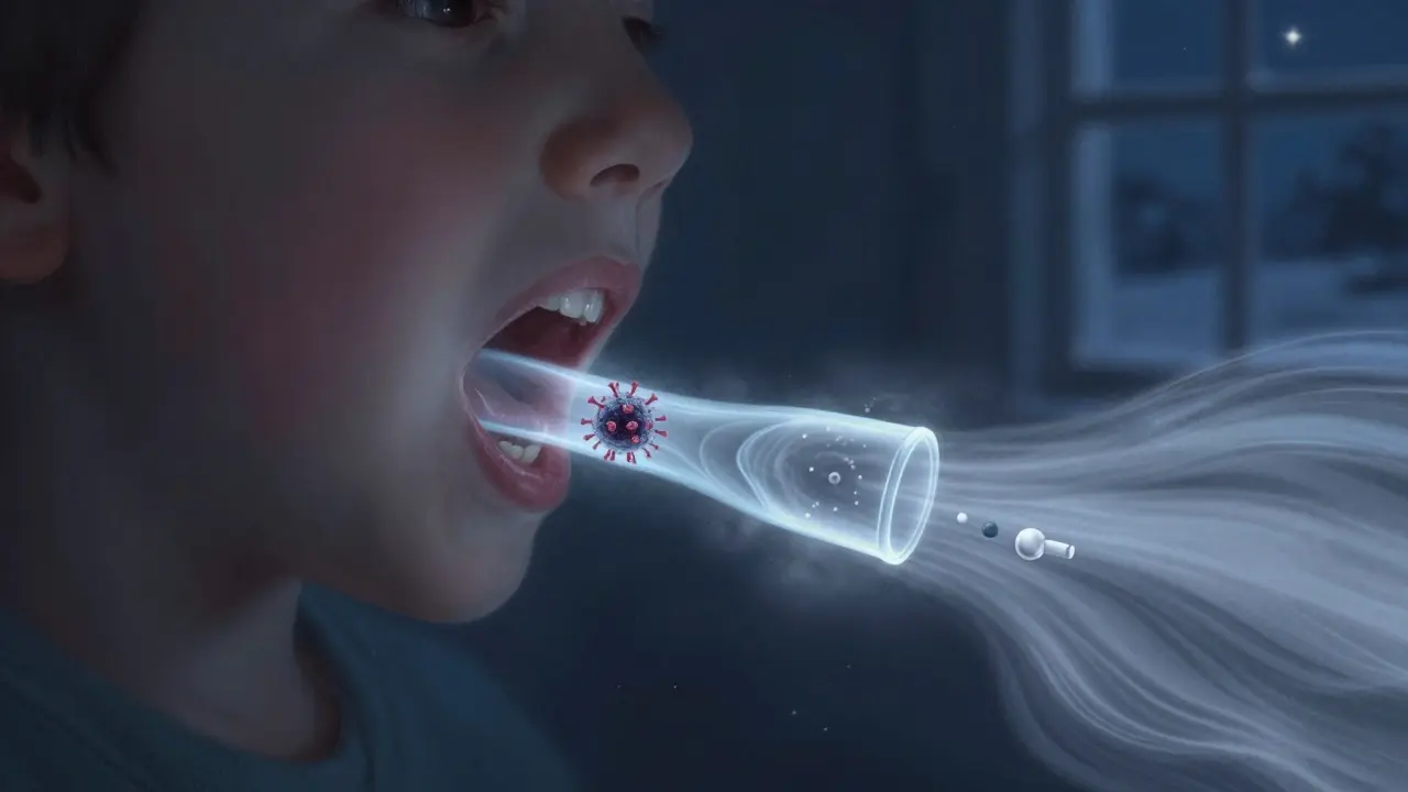 Koncepční obrázek úzkého dýchacího cesty s viry a chladným vzduchem, který pomáhá uvolnit blokádu.