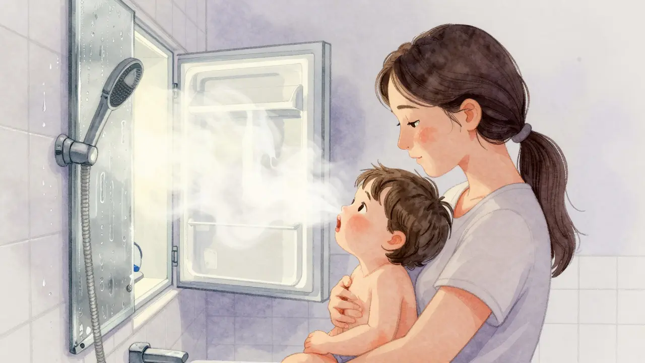 Matka drží dítě v parném koupelně, pára stoupá, studený vzduch z mrazáku proudí z chodby.