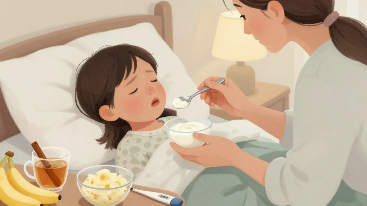 Matka podává chladný jogurt nemocnému dítěti v posteli, na nočním stolku jsou další jídla.