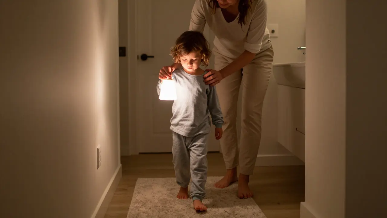 Matka vede dítě k záchodu v noci s malou noční lampou, klidná a podporující atmosféra.
