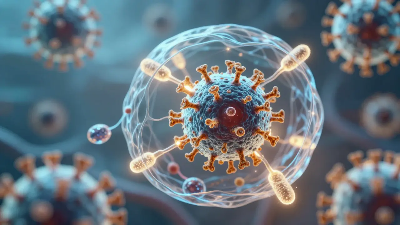 Mikroskopický pohled na imunitní buňky bojující s oslabeným virusem zarděnek.