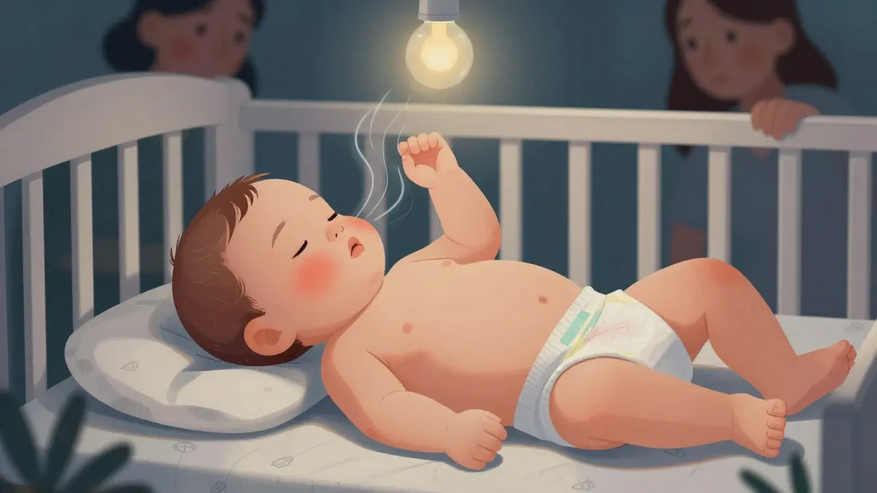 Novorozenecké dítě v kojenecké postýlce s příznaky horečky: suchá plena, rychlé dýchání a slabý pohyb.