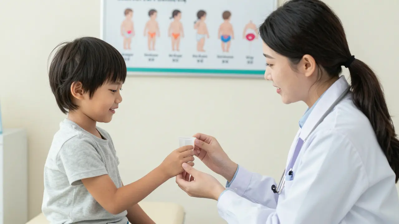 Pediátr vyšetřuje dítě v klinice, rodič ho uklidňuje.