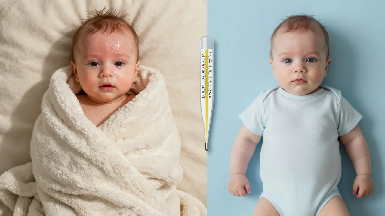 Porovnání přehřátého a správně oblečeného miminka, s teploměrem ukazujícím rozdílné teploty.