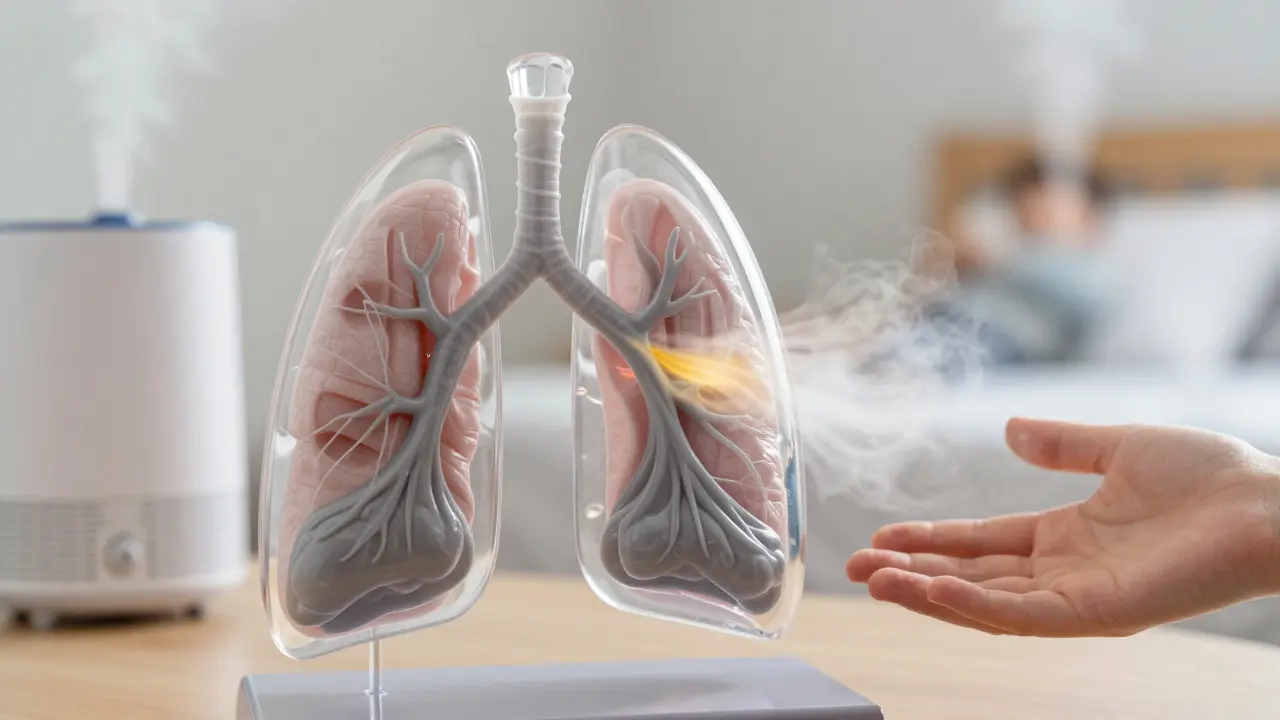 Průhledné plicní cesty s hlenem, který se rozměkčuje vlivem vlhkosti a tekutin.