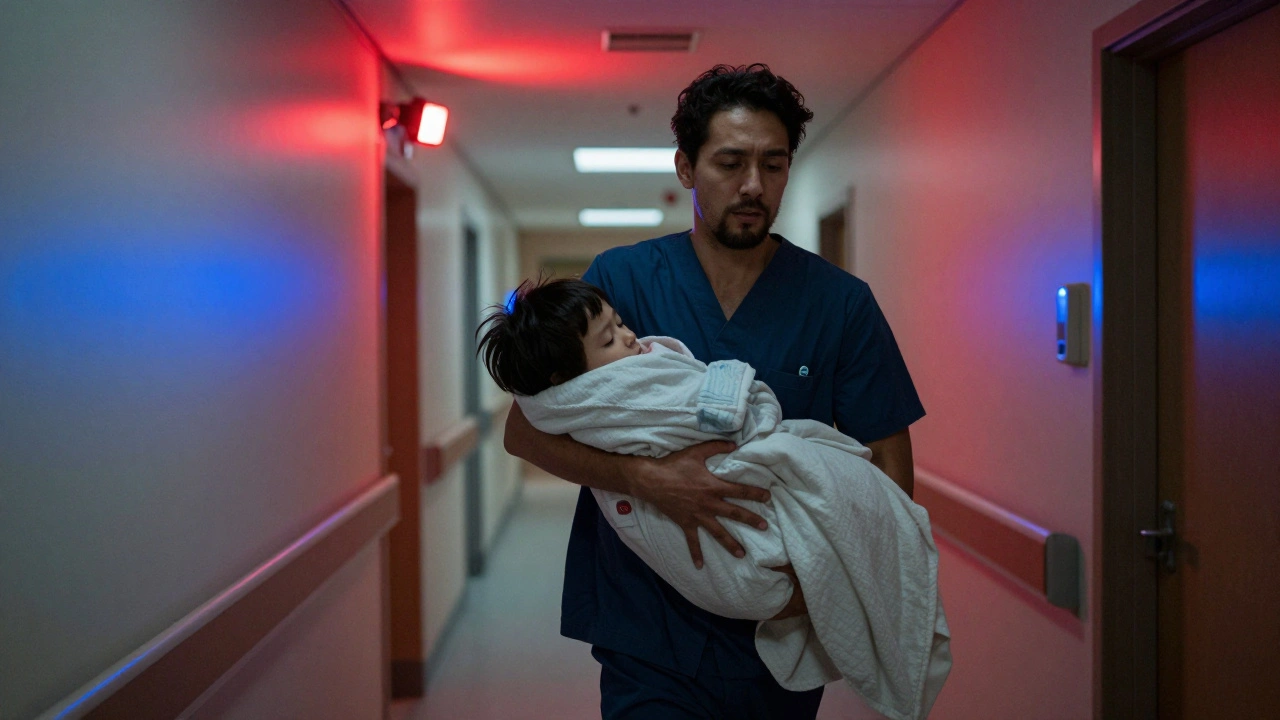 Rodič běží po nemocniční chodbě s dítětem v náručí, záře záchranných světel.