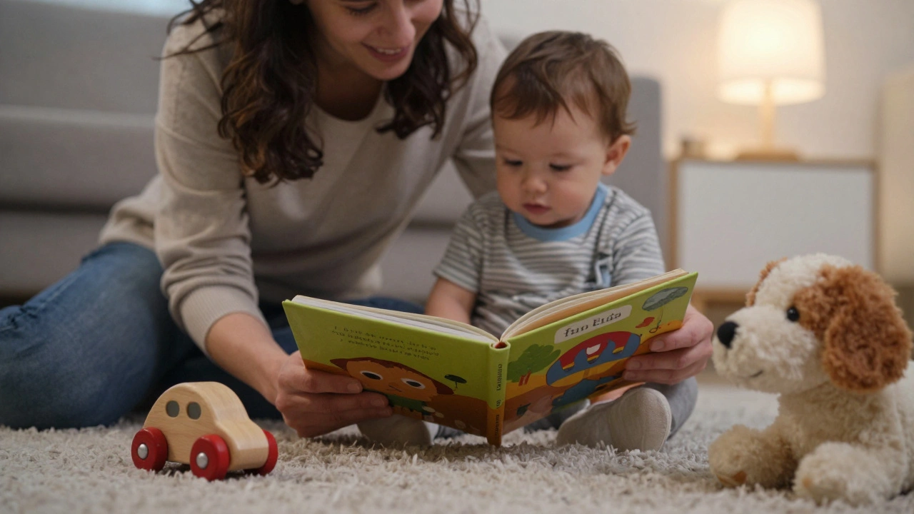 Rodič čte knížku dítěti na podlaze, oba se dívají do očí, žádné obrazovky.