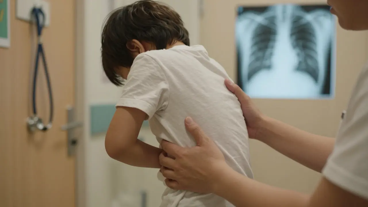 Rodič drží dítě, které se vyhýbá pohybu, v pozadí je vidět rentgen plic.