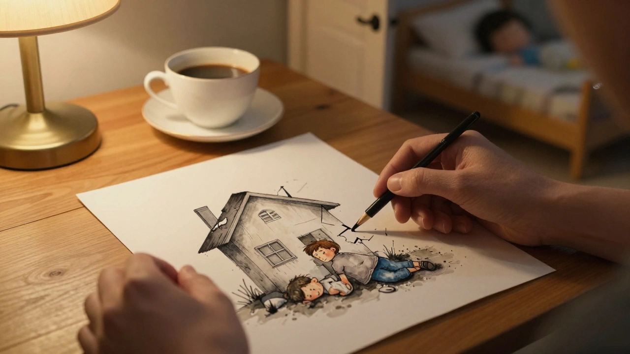 Rodič drží kresbu zničeného domu a zraněné postavy, světlo z lustry.