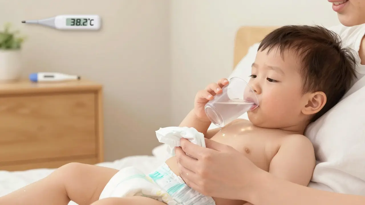 Rodič nahrazuje mokrou plenu suchou a podává dítěti tekutinu, ruce dítěte jsou chladné, pokoj je klidný.