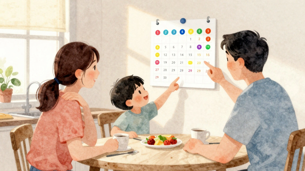 Rodina oslavuje suché noci na kalendáři s nálepkami, dítě ukazuje na označené dny.