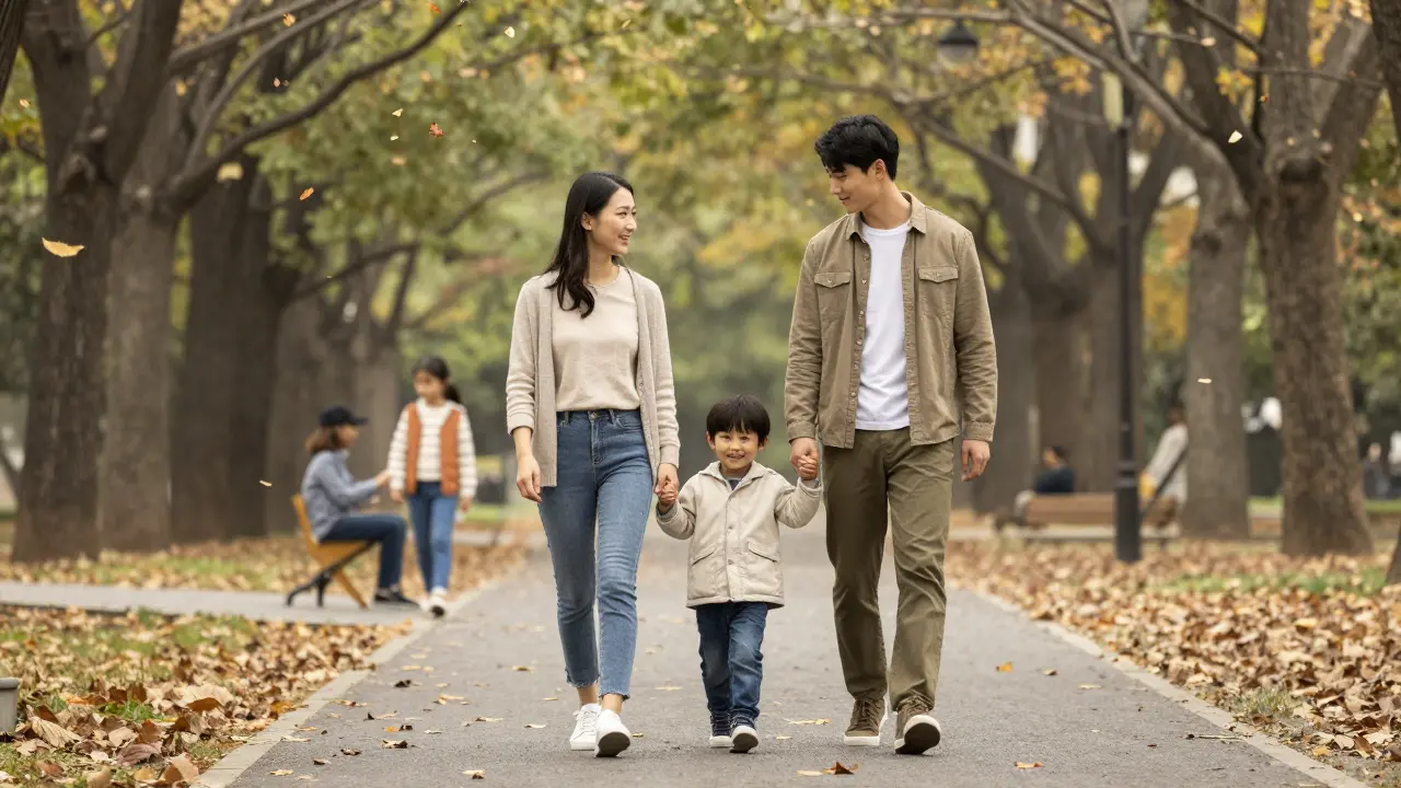 Rodina prochází parkem po očkování, dítě se směje a drží rodiče za ruku.