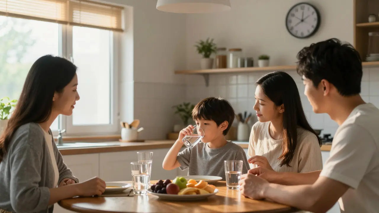 Rodina společně pije vodu večer, rodiče podporují rovnoměrné pití během dne.