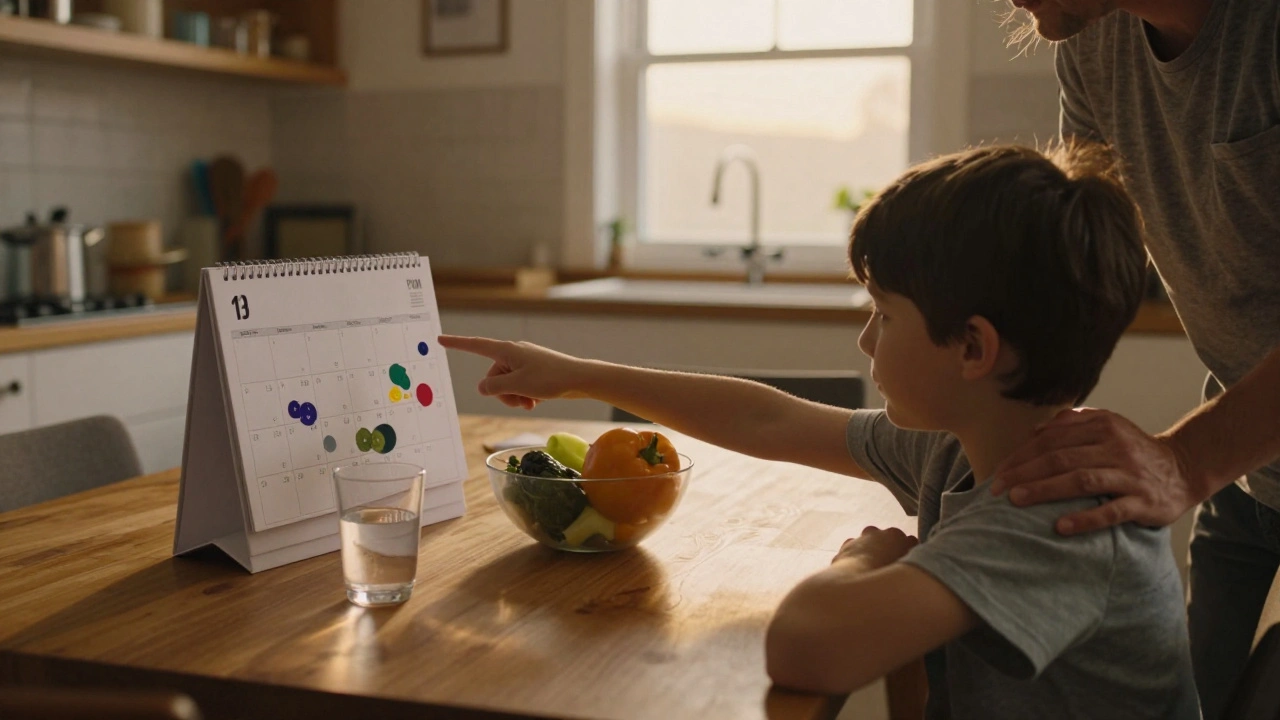 Rodina společně sleduje kalendář s nálepkami za suché noci ve večerní kuchyni.