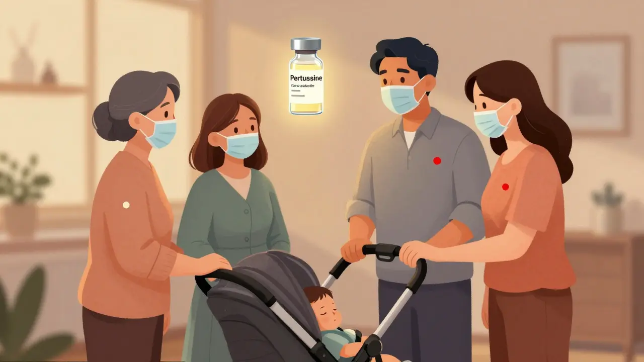 Rodina stojí u kolébky s dítětem, všichni mají roušky a symbolické očkovací ampulky nad hlavami.