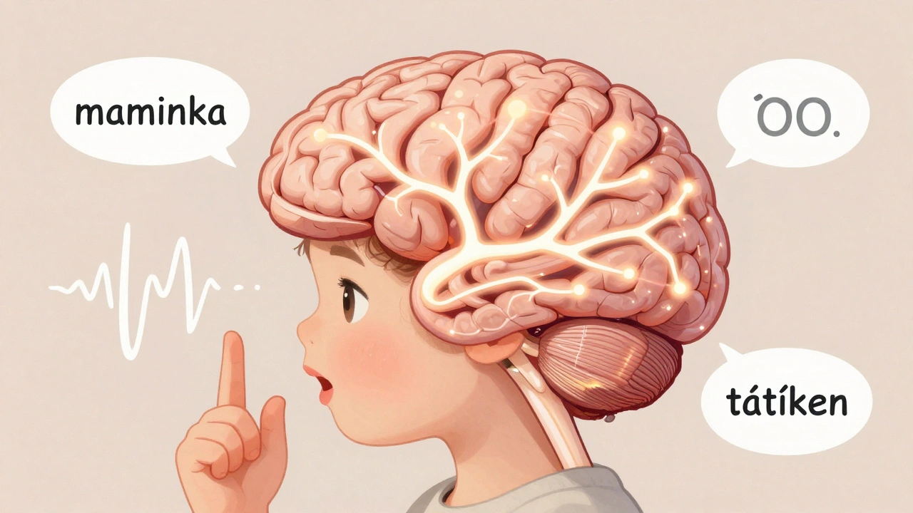 Schematiczní obrázek dětského mozku s aktivními cestami pro řeč a gesta.