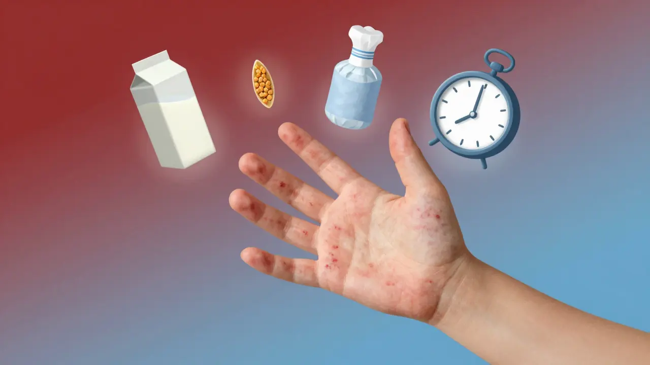 Symbolický obraz vyrážek s ukazateli příčin a úlevy, rozptylující se do světla.