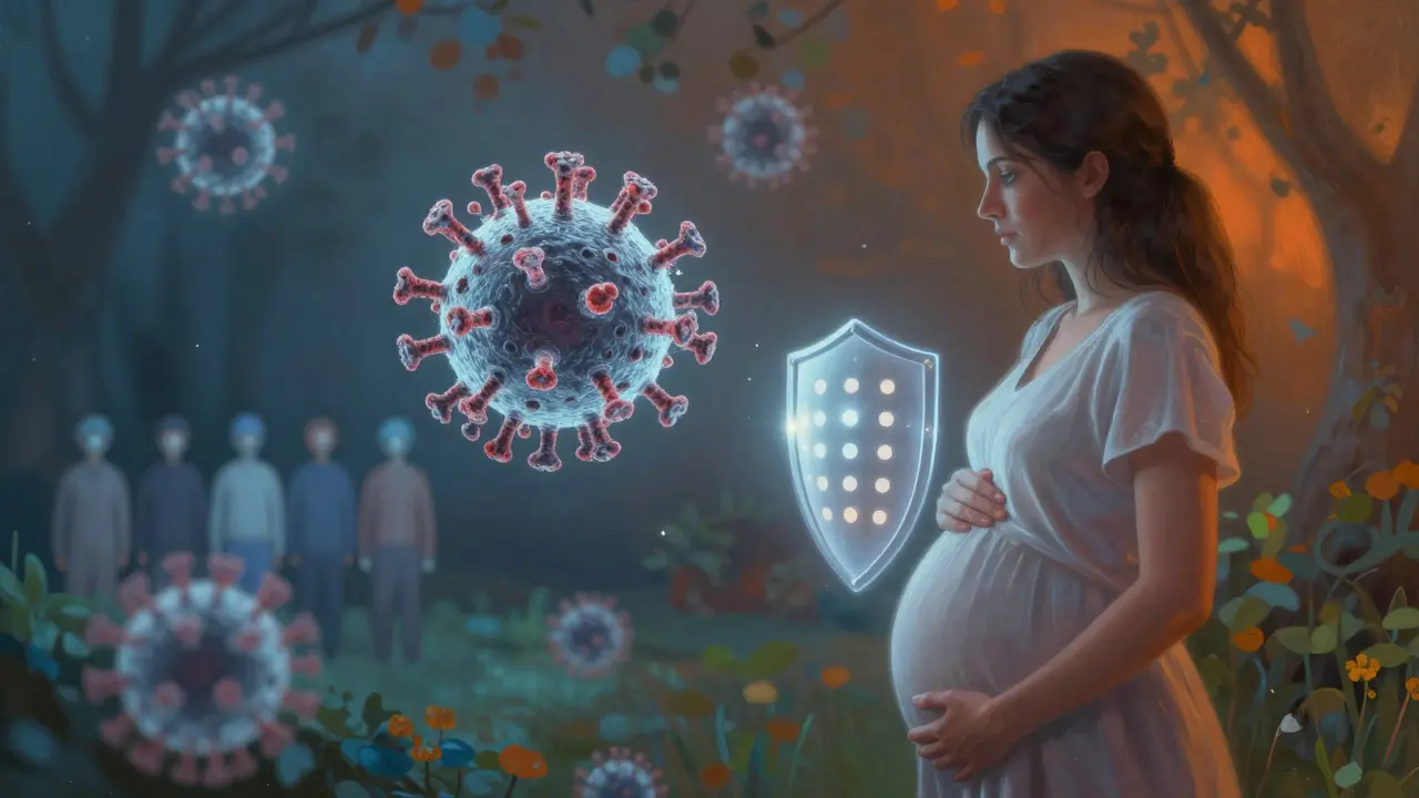 Těhotná žena je chráněna světlem očkování, zatímco vírus se blíží k neochráněným lidem v pozadí.