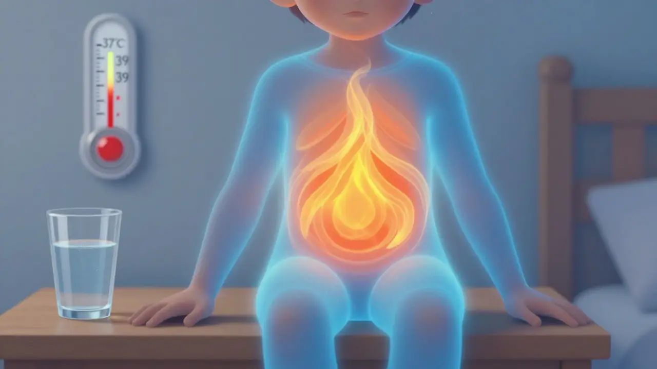 Tělo dítěte s tepelnými vlnami v centru a chladnými končetinami, symbolizující přesměrování krve, bez přikrývek.