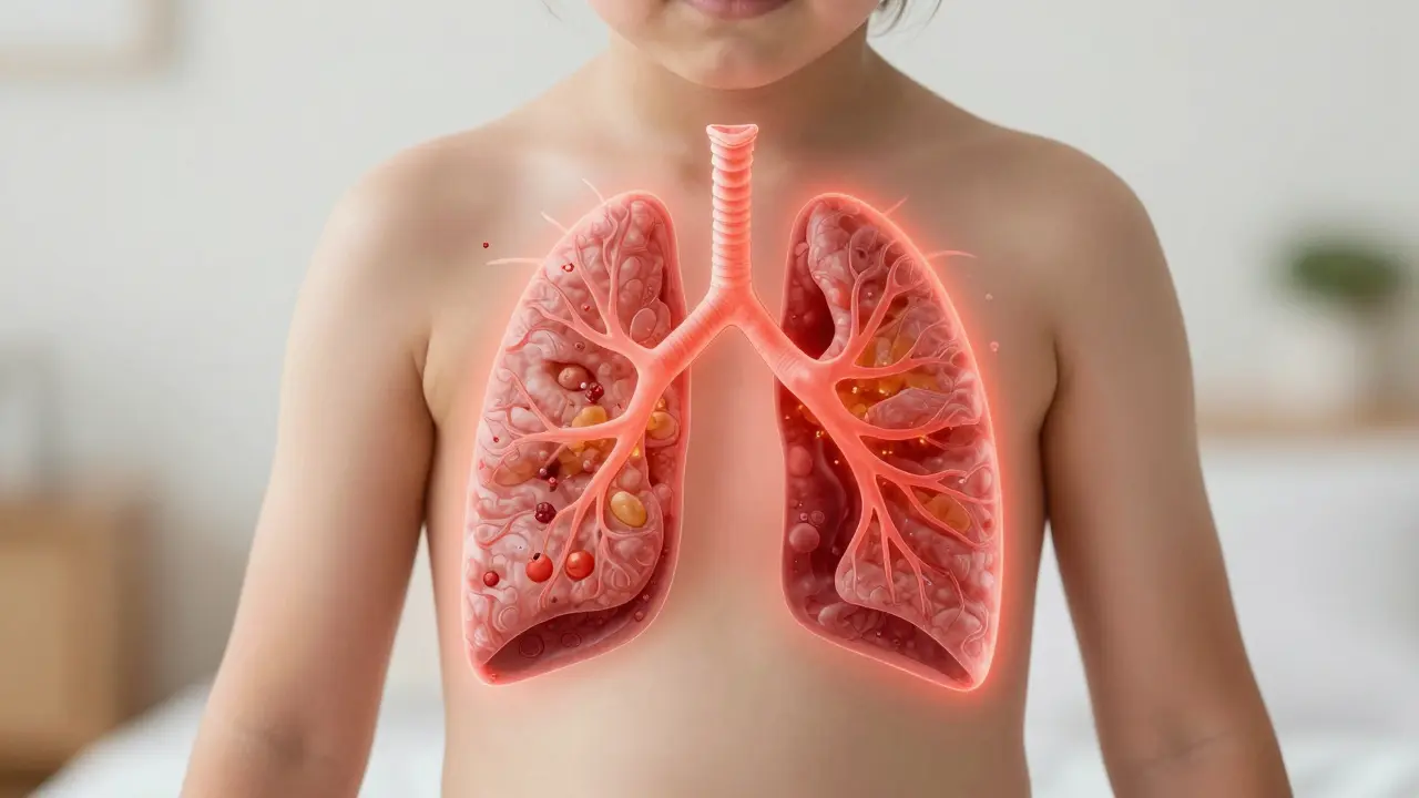 Vnitřní pohled na zánětlivě naplněné plicní laloky u dítěte s označeným šířením bolesti.