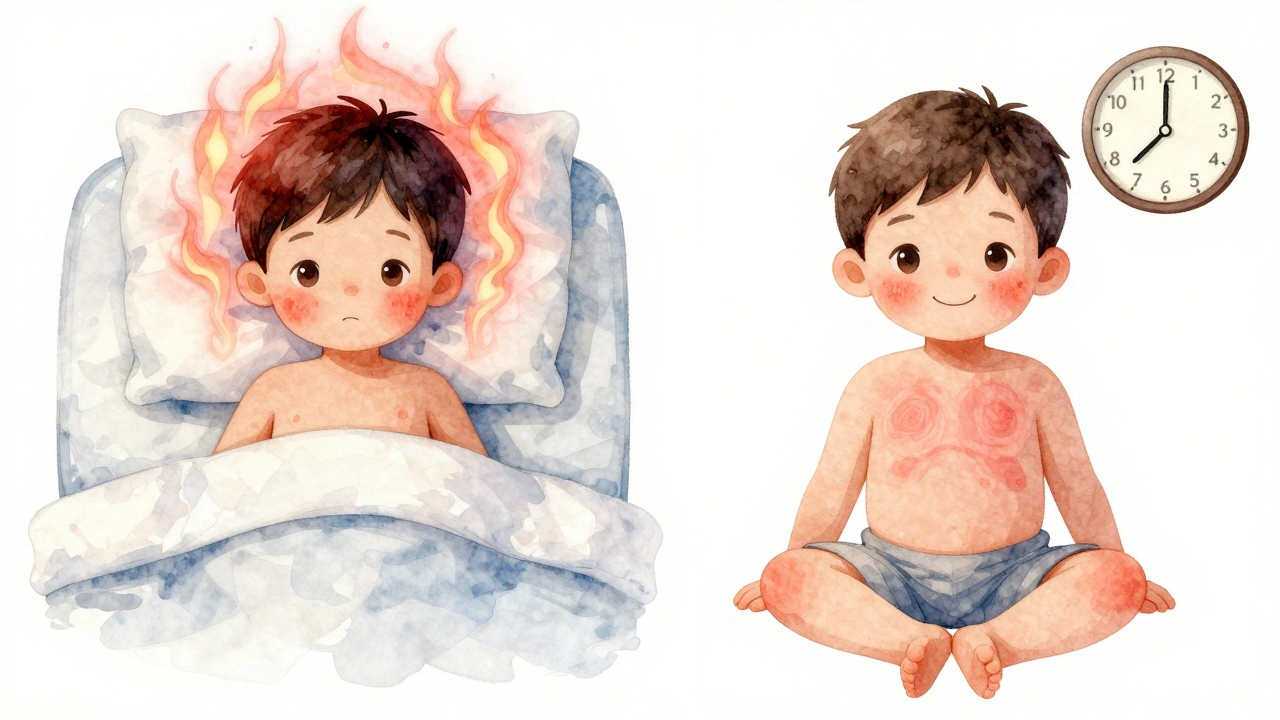 Vodová kresba znázorňující přechod od horečky k vyrážce u dítěte v domácím prostředí.