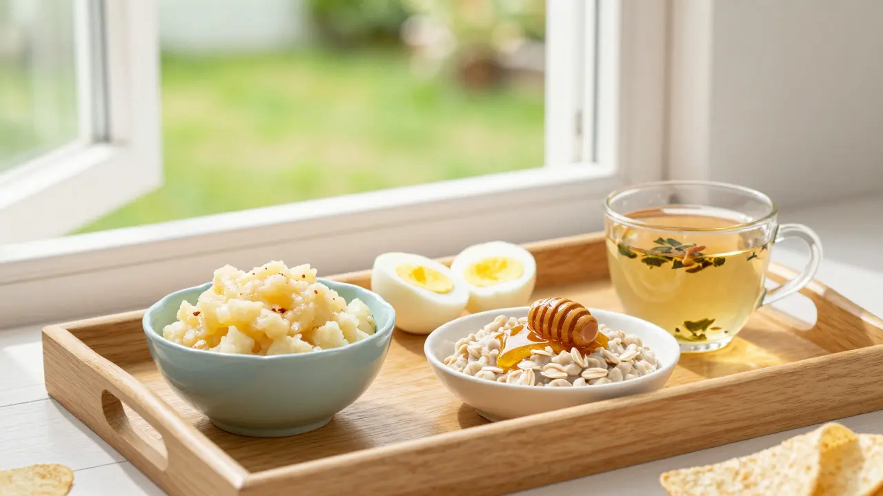 Zdravá jídla pro dítě s skarlátkou: jablkové puré, vařené vejce, ovesné vločky a bylinný čaj.