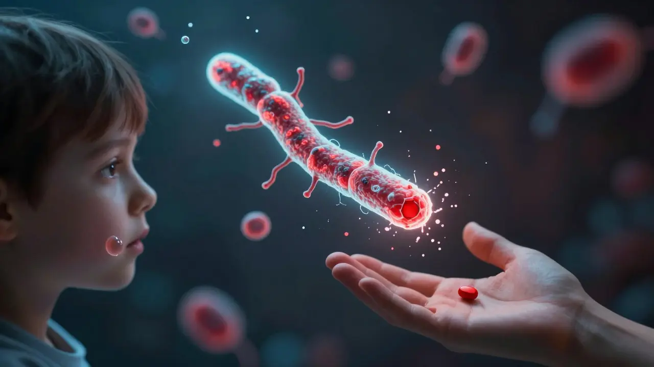 Bakterie Streptococcus pyogenes v kapénkách, antibiotikum je zničením infekce.