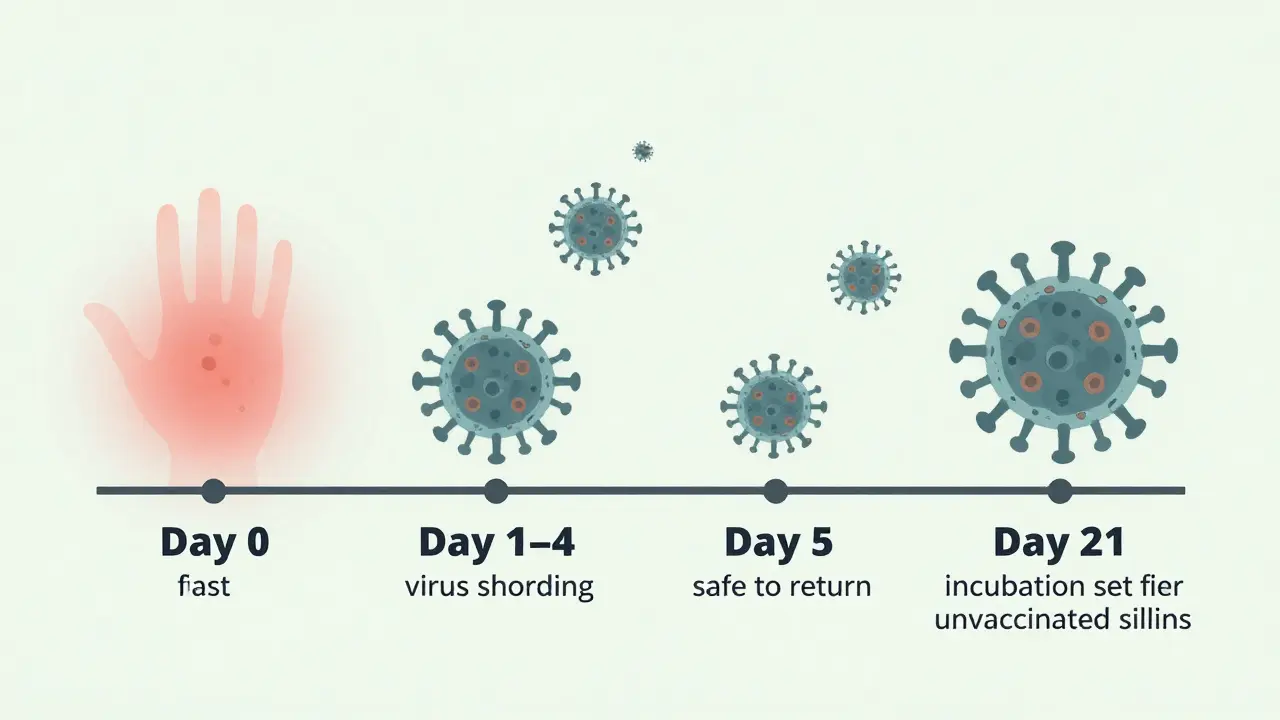 Časová osa ukazující 4 dny nakažlivosti spalniček a 21 dní inkubace.