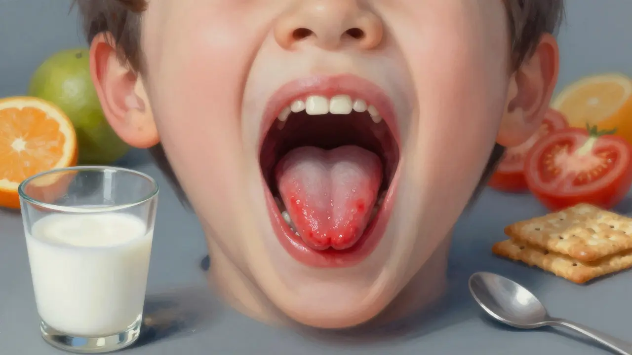 Detailní záběr dětského jazyka a vnitřní strany tváře s červenými vřídky, vedle studeného mléka.