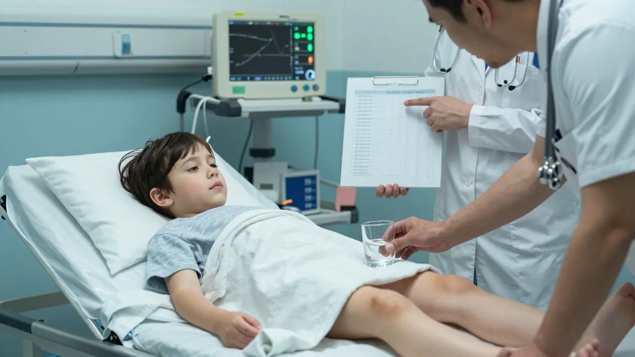 Dětská pohotovost: lékař vyšetřuje dítě s vyrážkou, rodič ukazuje na příznaky, v pozadí monitor.