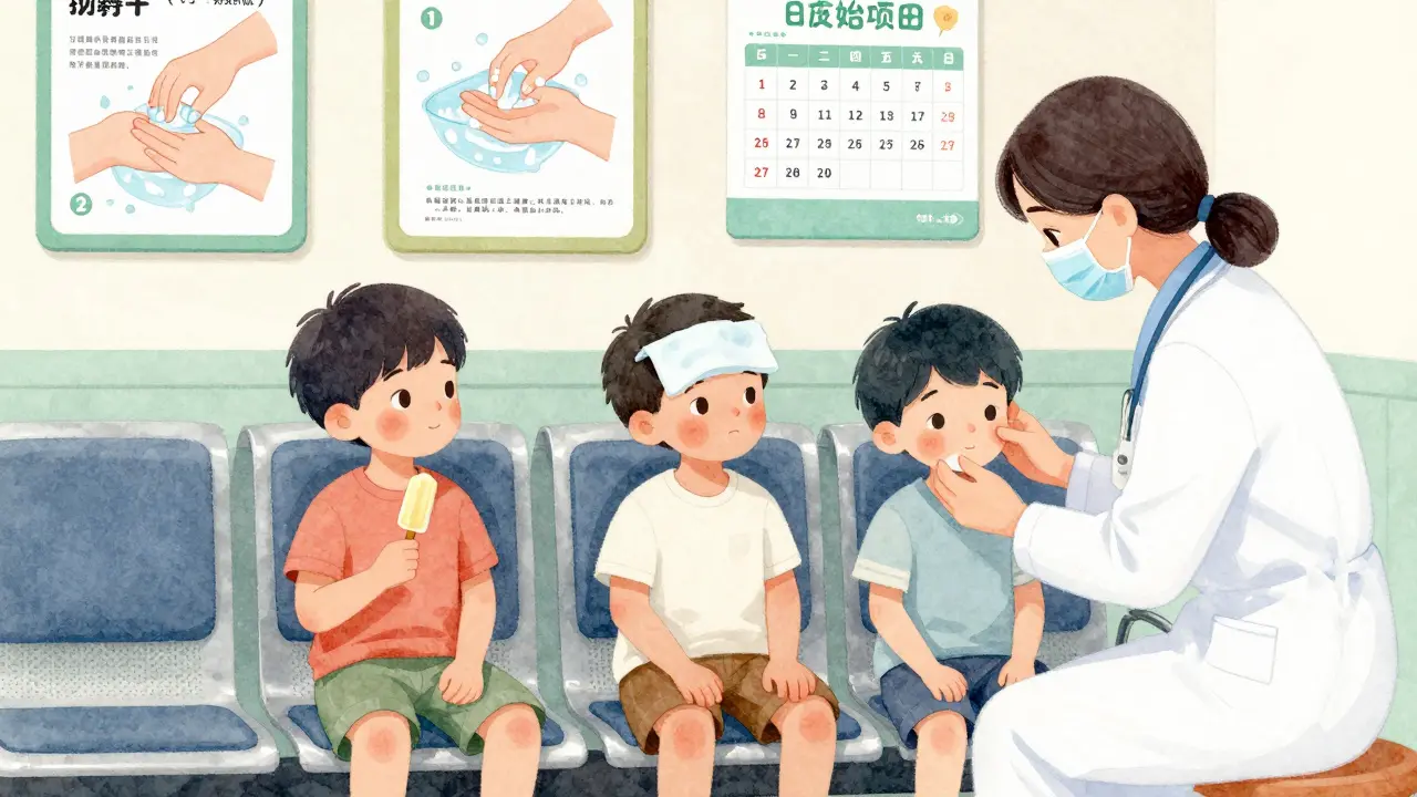 Dítě drží ledový koláček v ordinaci, sestra ho jemně vyšetřuje, na pozadí plakáty o mytí rukou.