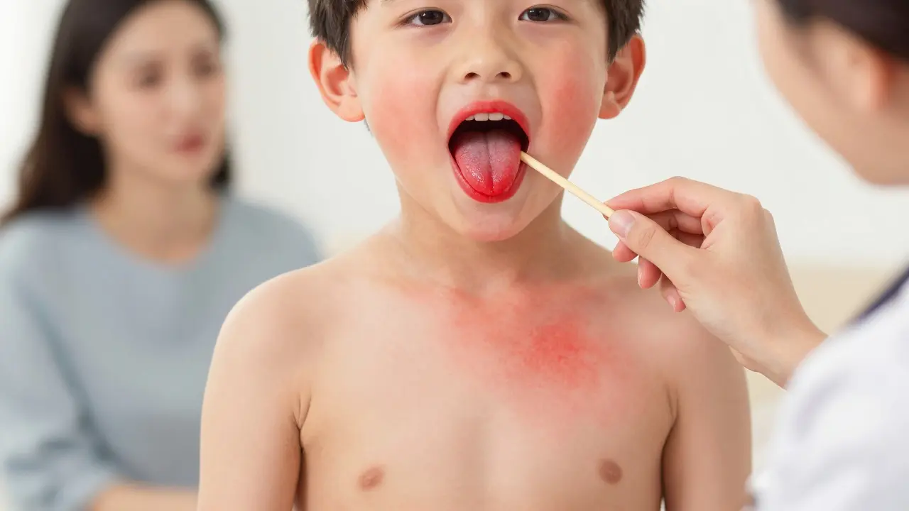 Dítě s červenou vyrážkou a jahodovým jazykem, lékař ho vyšetřuje, matka se dívá s obavami.