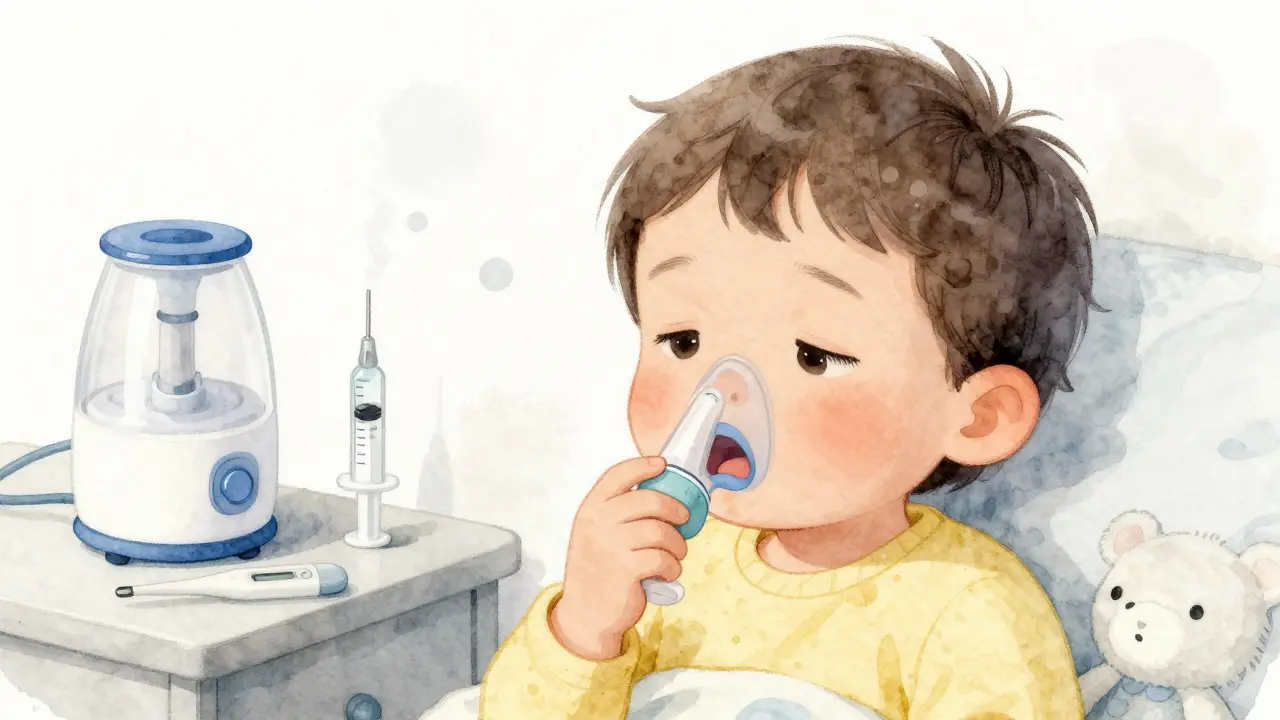 Dítě s otevřenými ústy a rozšiřujícími se nosními křídly, klidná noční scéna s léčebnými předměty.