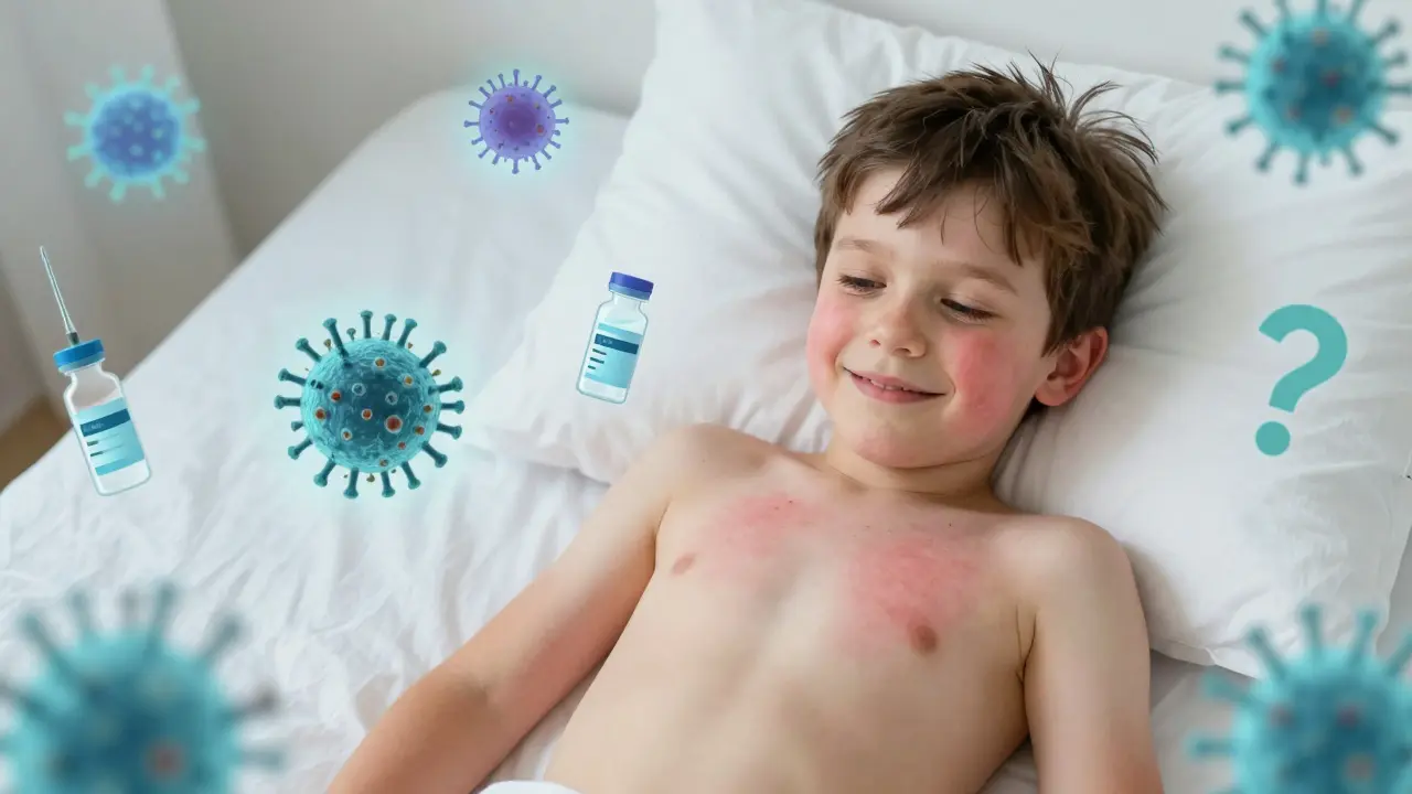 Dítě s růžovou vyrážkou a symboly očkování, znázorňující rozdíly mezi nemocemi.