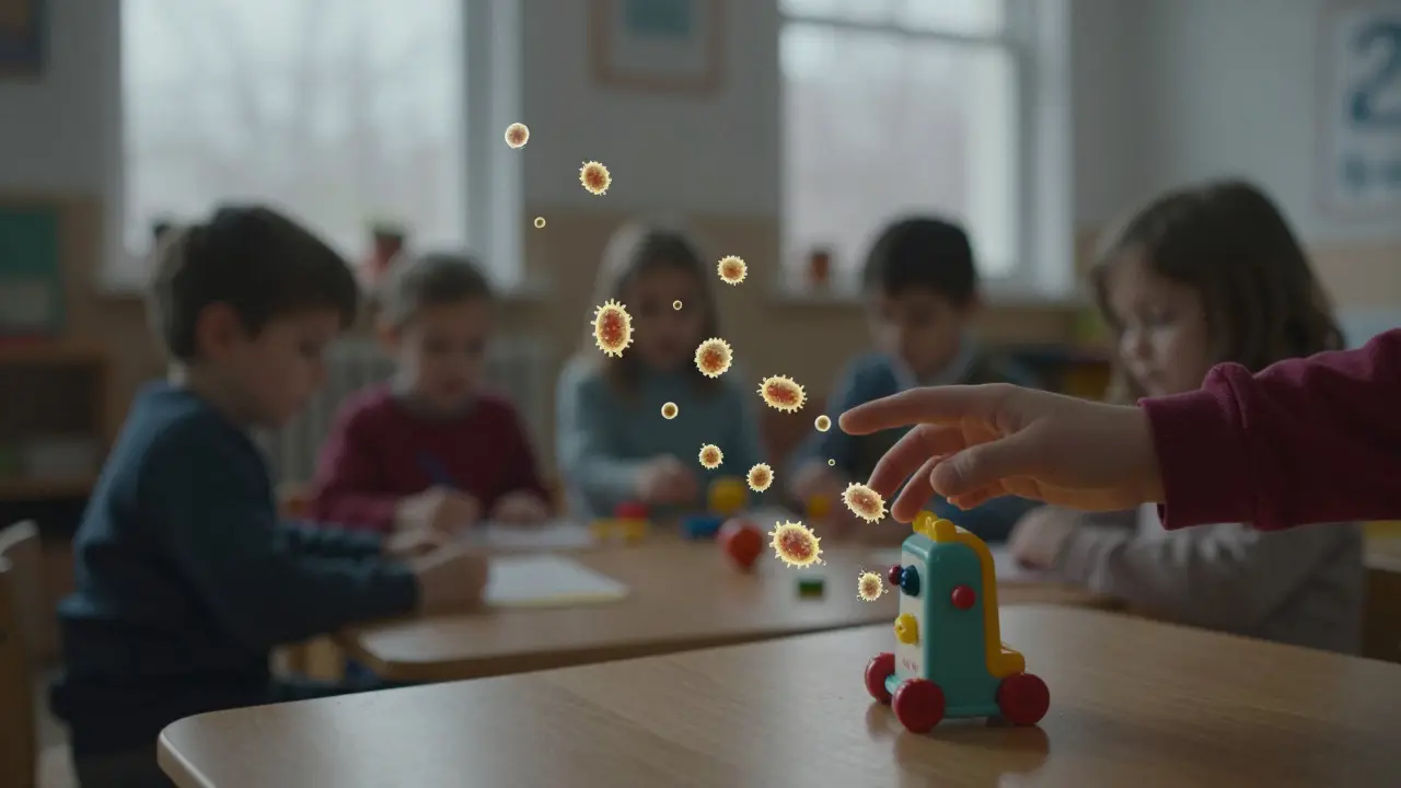 Dítě se dotýká hračky, ze které se šíří viditelné bakterie ve třídě.