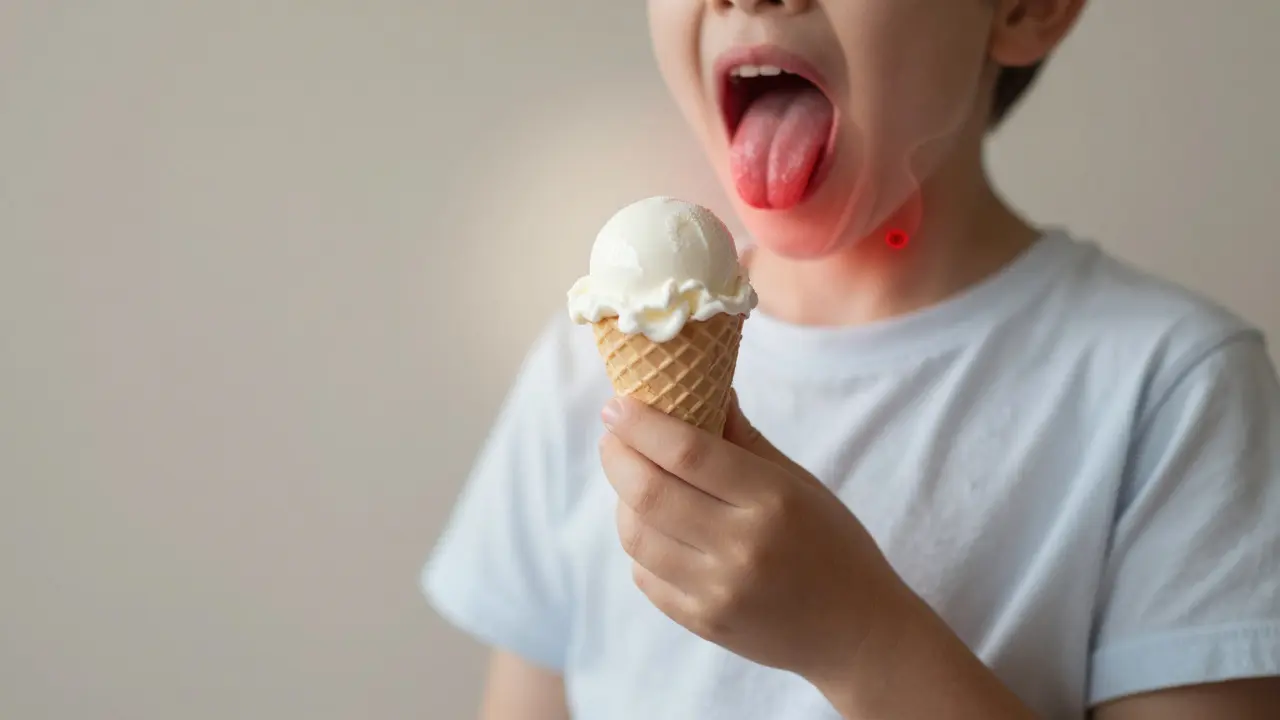 Dítě se dotýká zmrzliny, zatímco v ústech a hltanu jsou vidět průhledné znaky bolesti.