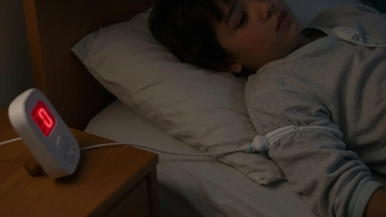 Dítě se probouzí při zvuku alarmu, na kalhotkách je senzor pro noční pomočování.