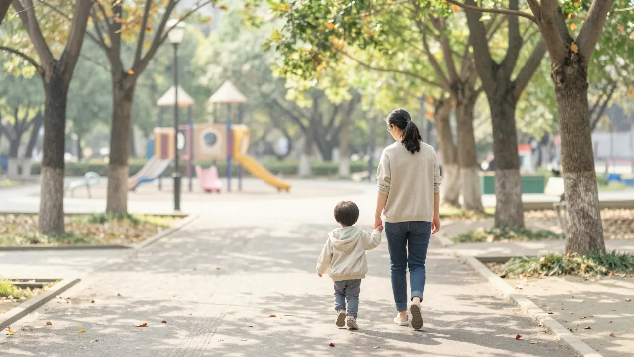 Dítě se prochází s rodičem v klidném parku, žádné jiné děti nejsou vidět.