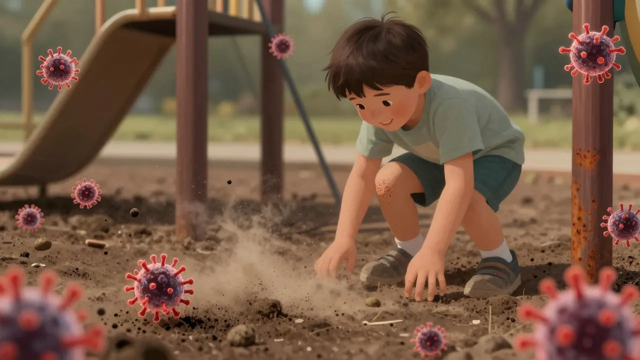 Dítě si udělalo ránu na hřišti, zatímco bakterie tetanu čekají v zemi.