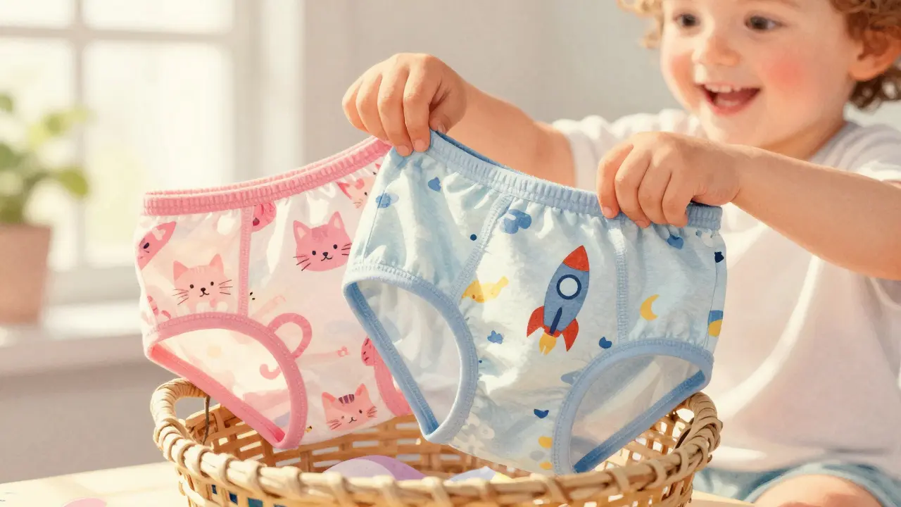 Dítě si vybírá barevné noční podpěrky s kočkami a raketami.