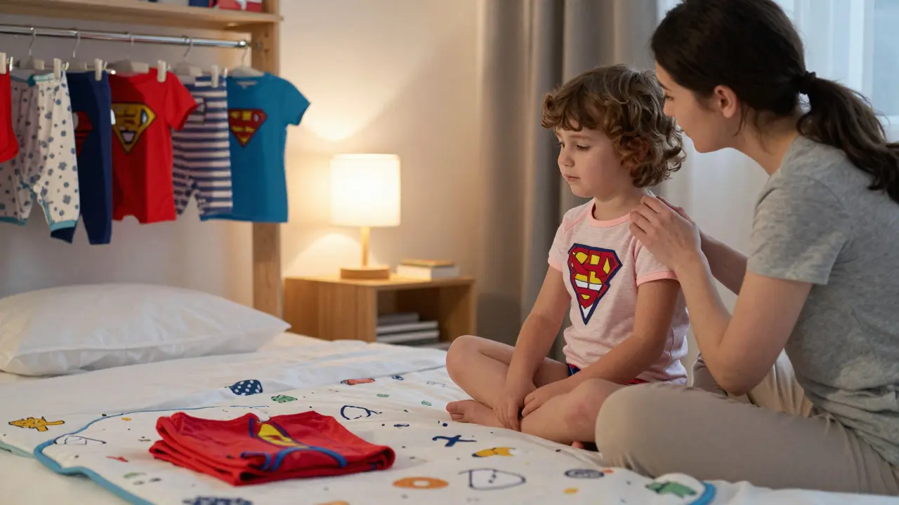 Dítě si vybírá noční kalhotky s hrdinským motivem, rodič je vedle s úsměvem, v pozadí podložka a měkké osvětlení.
