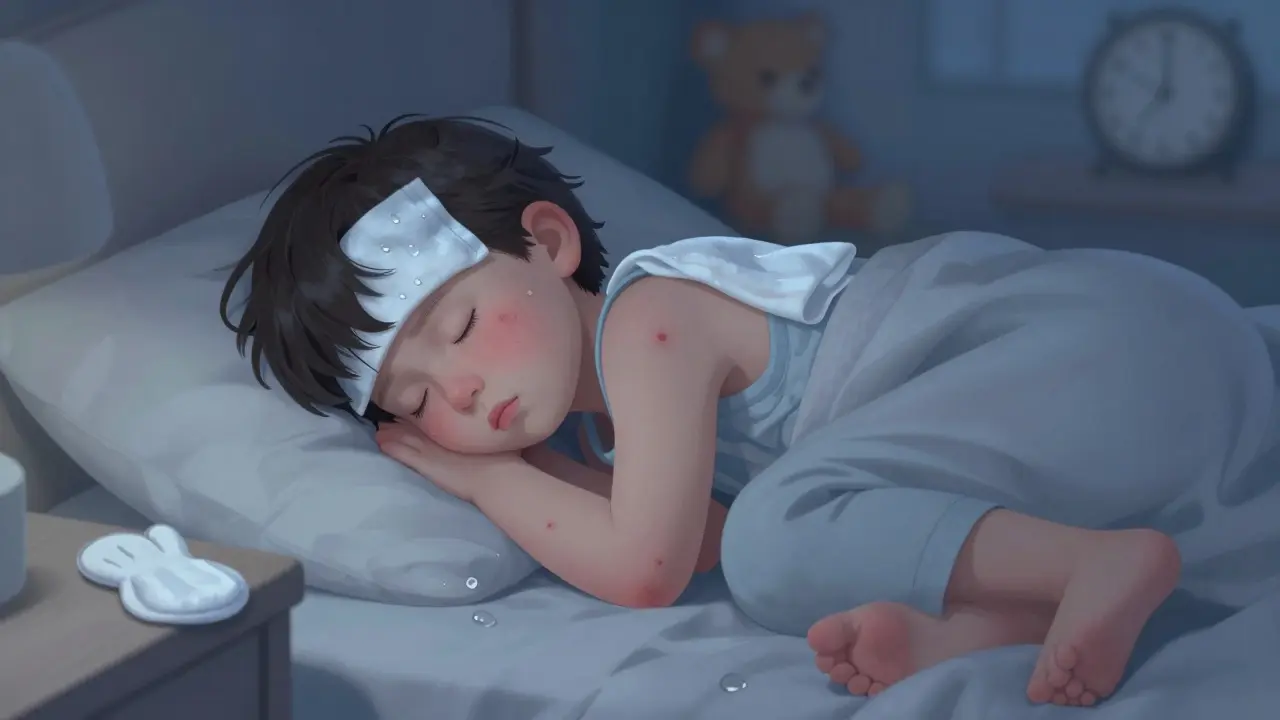 Dítě spí s chladnými obklady na těle a bavlněnými rukavicemi.