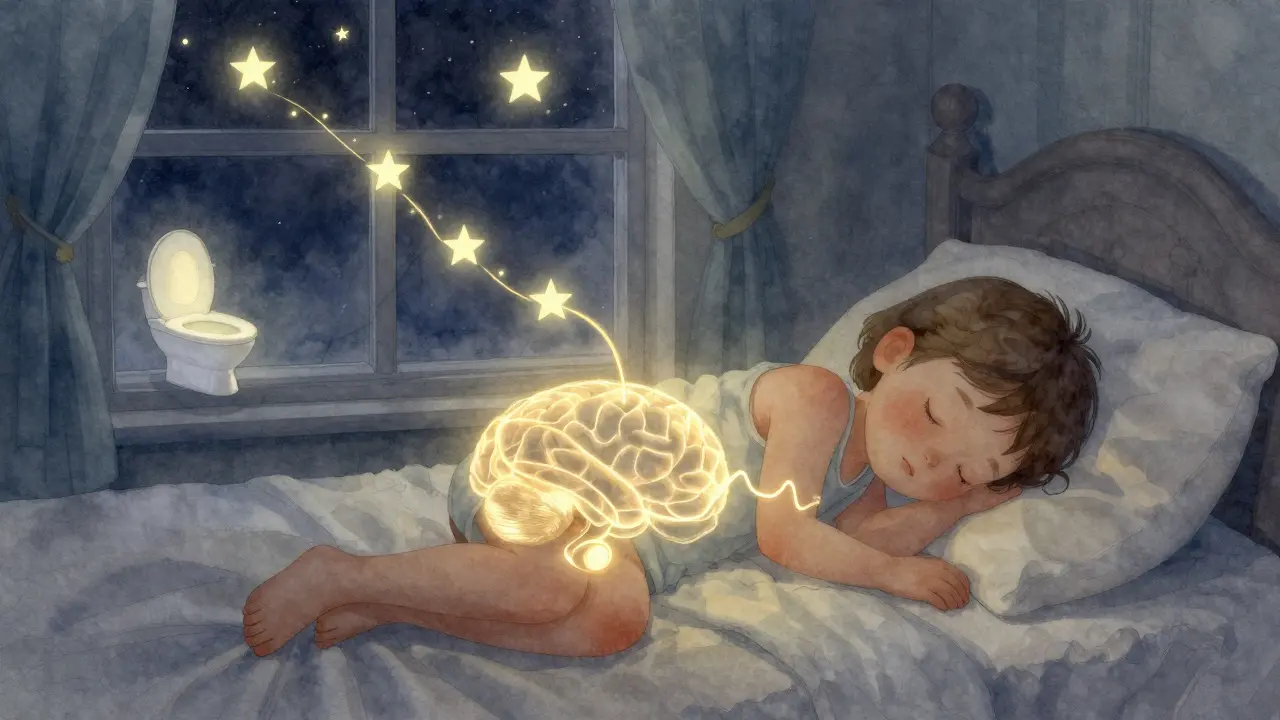 Dítě spí, zatímco zlatá nite spojuje mozek s močovým měchýřem pod hvězdami.