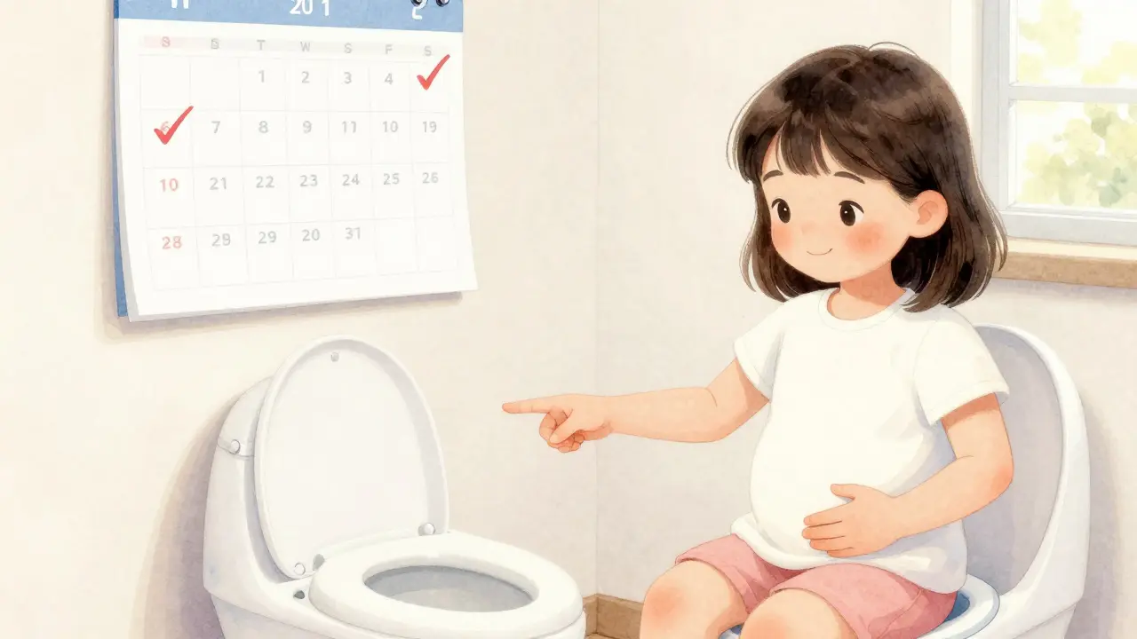 Dívka ukazuje na čistý nočník s potichlým potěšením, slunce osvětluje místnost.