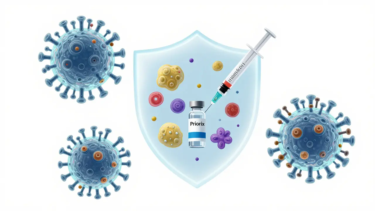 Immune cells fighting viruses after Priorix vaccination in body.
