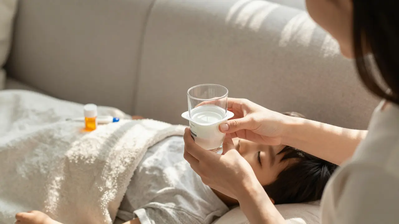 Matka podává dítěti jogurt a vodu, dítě klidně leží na sofě, bez příznaků nemoci.