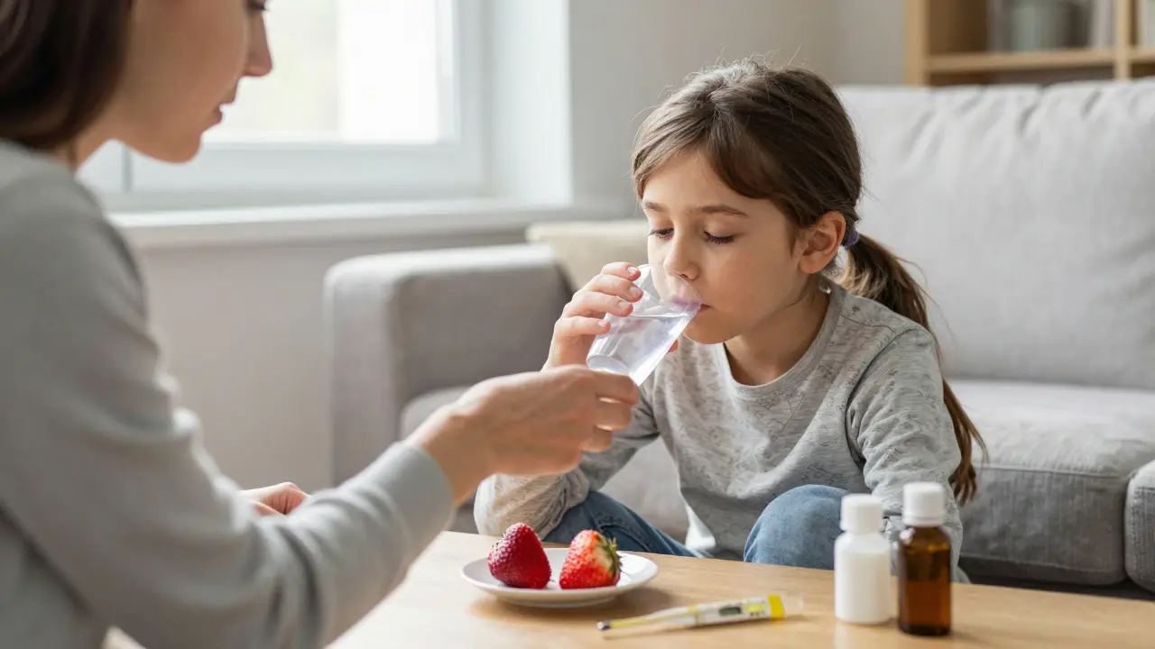 Matka podává dítěti tekutinu na pohovce, na stole leda a léky, sluneční světlo vstupuje do místnosti.