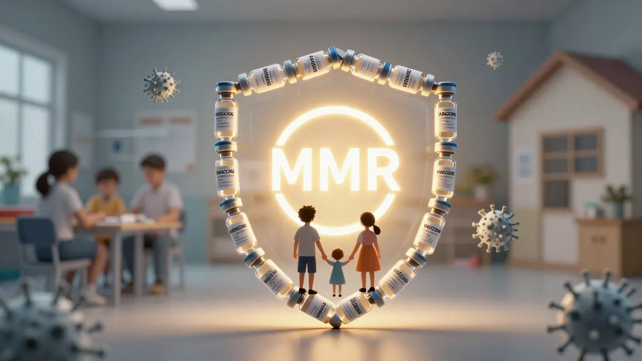 Očkovací štít chrání rodinu před příušnicí s symbolem MMR.