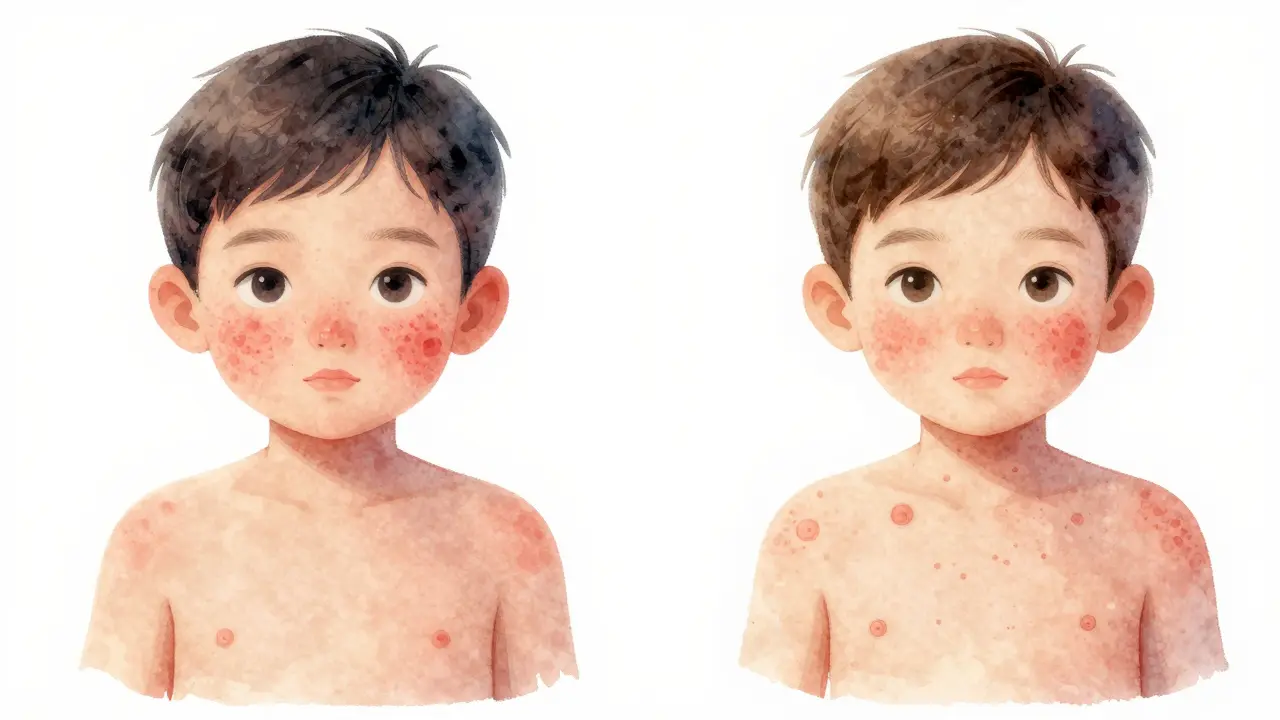 Porovnání vyrážek zarděnek a neštovic na dvou dětech.