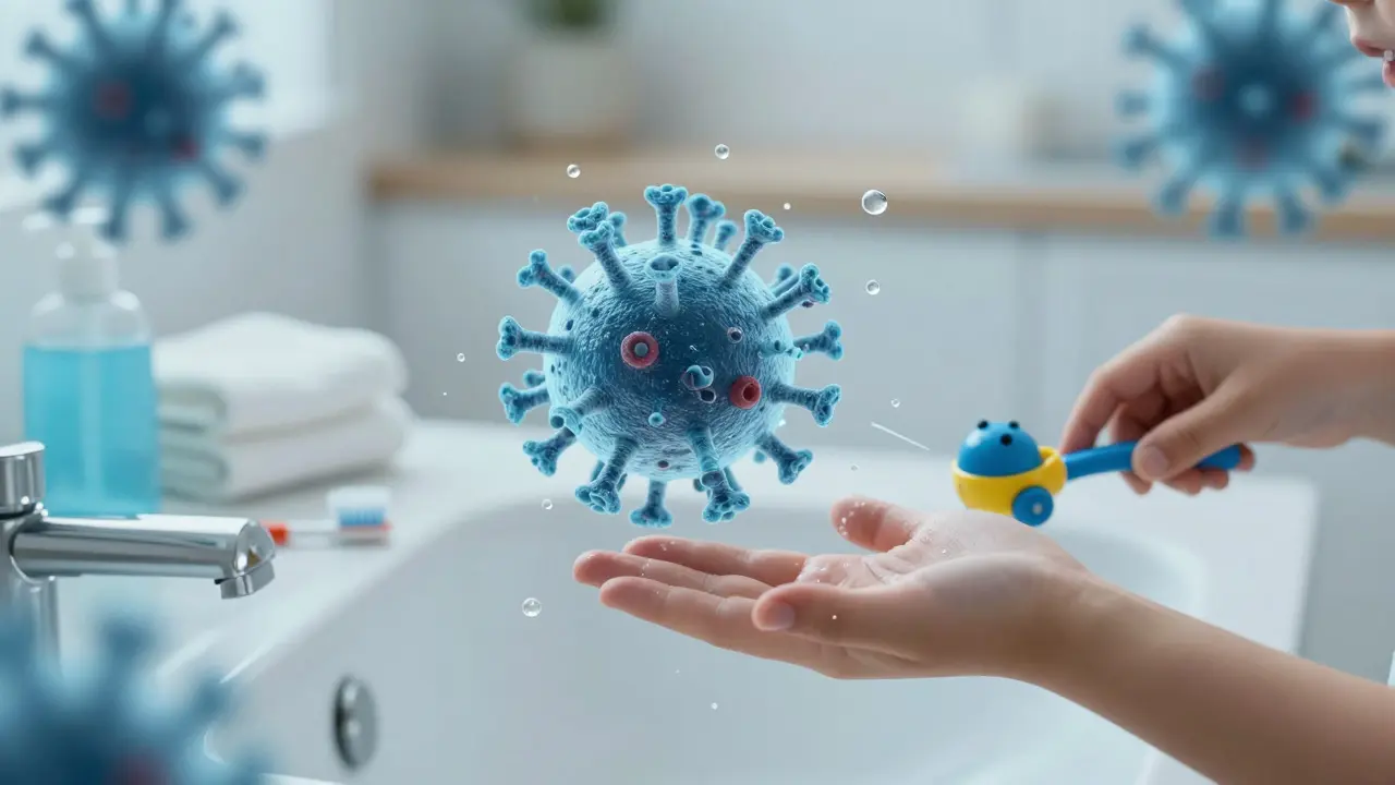 Průhledný virus přenášený mezi dítětem a hračkou, v pozadí čistá kuchyně s mýdlem a ručníky.